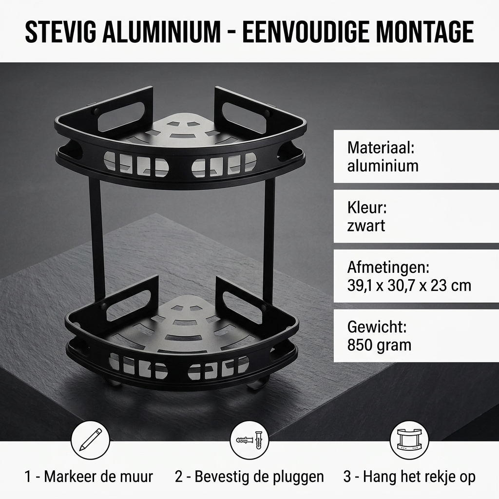 WillieJan Bad Doucherekje 42603 – 2 niveau’s – Hoekbevestiging – Aluminium – Zwart WillieJan® WillieJan WillieJan Bad Doucherekje 42603 – 2 niveau’s – Hoekbevestiging – Aluminium – Zwart Douche rekjes WillieJan