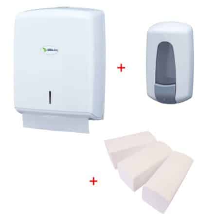 WillieJan handen wassen bundel  7002 – Wit – Zeepdispenser – Handdoekjes dispenser + 3 bundels handdoekjes