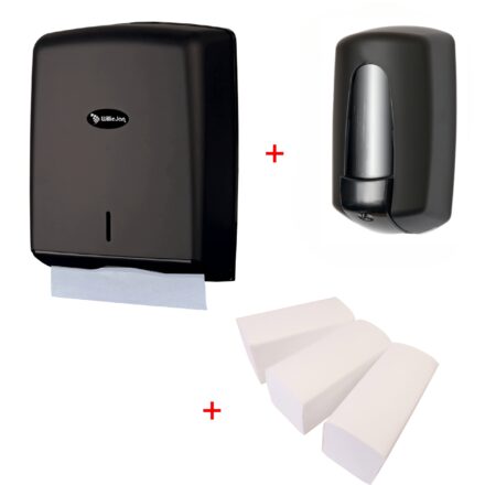 WillieJan handen wassen bundel  7003 – Zwart – Zeepdispenser – Handdoekjes dispenser + 3 bundels handdoekjes Papieren Handdoekjes Dispensers WillieJan