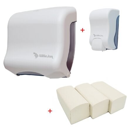 WillieJan handen wassen bundel  8002 – Wit – Zeepdispenser – Handdoekjes dispenser + 3 bundels handdoekjes Papieren Handdoekjes Dispensers WillieJan