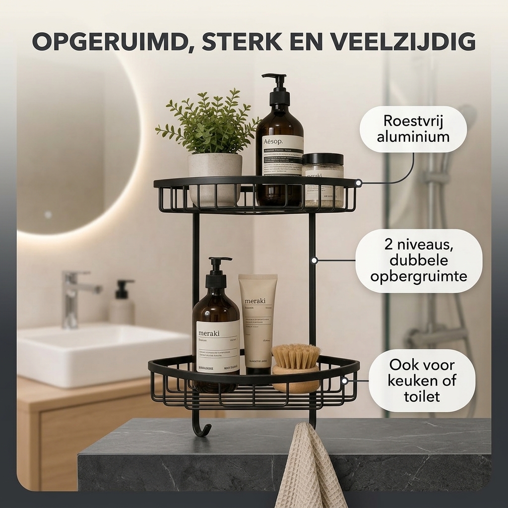 WillieJan Bad Doucherekje 66920 – 2 niveau’s – Hoekbevestiging – Aluminium – Zwart WillieJan® WillieJan WillieJan Bad Doucherekje 66920 – 2 niveau’s – Hoekbevestiging – Aluminium – Zwart Douche rekjes WillieJan