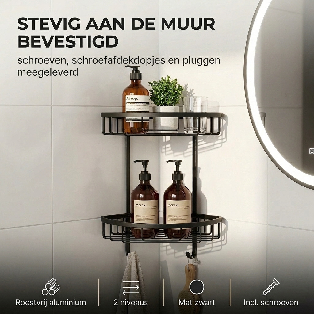 WillieJan Bad Doucherekje 66920 – 2 niveau’s – Hoekbevestiging – Aluminium – Zwart WillieJan® WillieJan WillieJan Bad Doucherekje 66920 – 2 niveau’s – Hoekbevestiging – Aluminium – Zwart Douche rekjes WillieJan